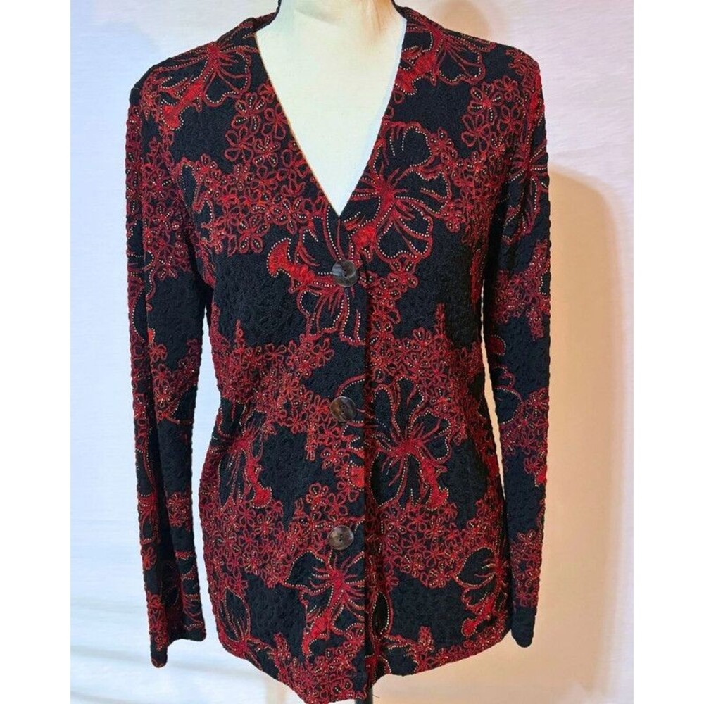 Chicos Black Red Soutache Embroidered Jacket Size 0 Beaded Evening Blazer